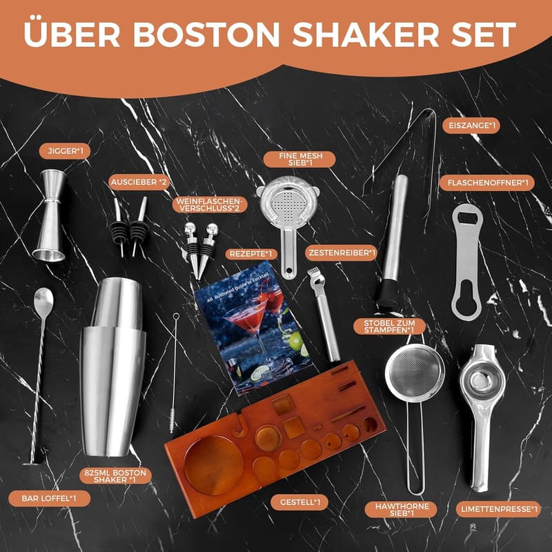 Professionelles Cocktailset für Männer - 825ml Edelstahl Shaker mit Ständer und Rezeptbuch
