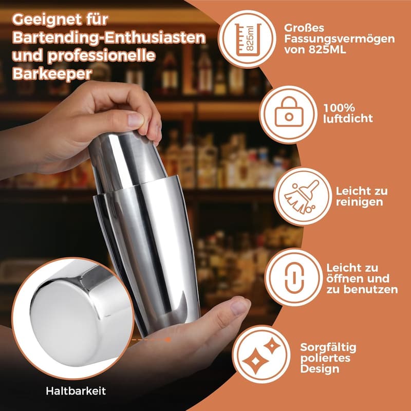 Professionelles Cocktailset für Männer - 825ml Edelstahl Shaker mit Ständer und Rezeptbuch