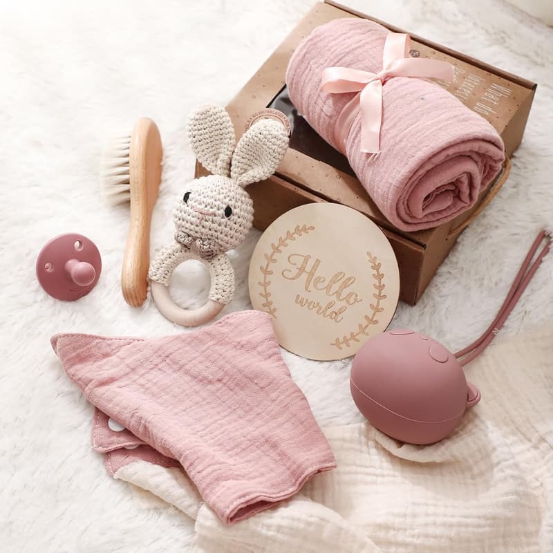 7-teiliges Babygeschenkeset zur Geburt für Mädchen und Jungen (Rosa)