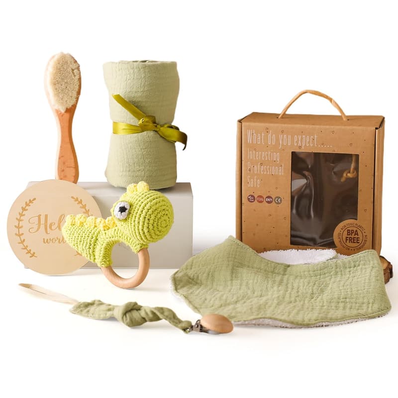 Baby Geschenkset aus Holz für Neugeborene – 6-teiliges Set mit Rassel, Lätzchen und mehr