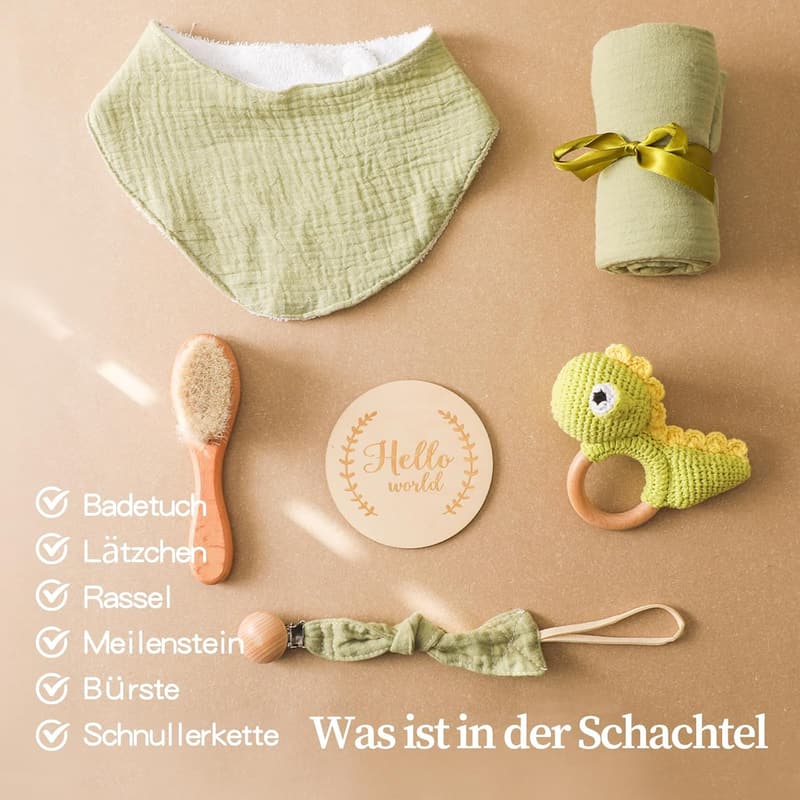 Baby Geschenkset aus Holz für Neugeborene – 6-teiliges Set mit Rassel, Lätzchen und mehr