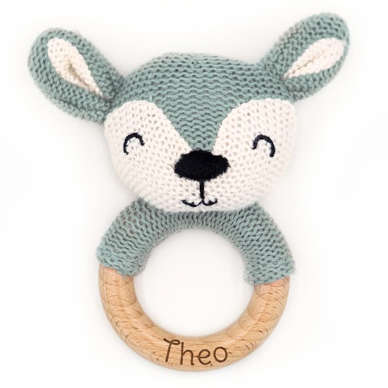 Personalisierter Holz-Babyring mit Name – Süße Rassel zur Geburt