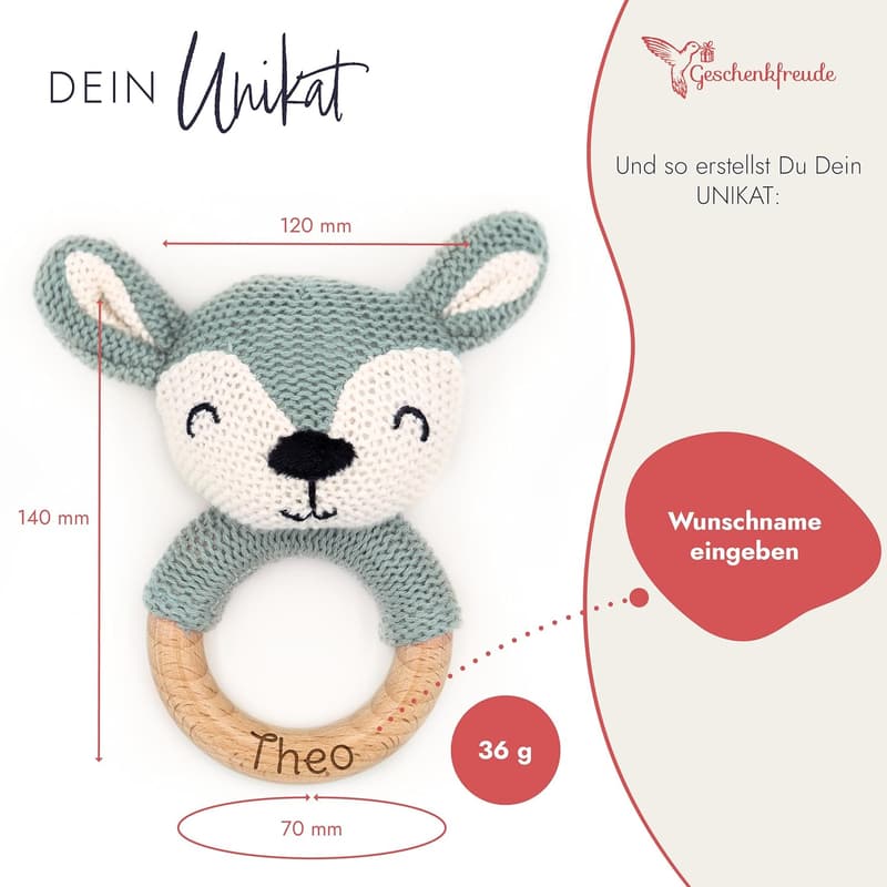 Personalisierter Holz-Babyring mit Name – Süße Rassel zur Geburt