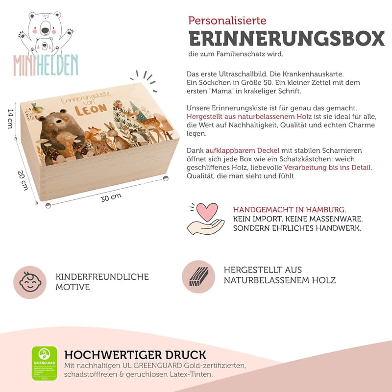 Personalisierte Erinnerungsbox für Baby - Holz Aufbewahrungskiste mit Gravur