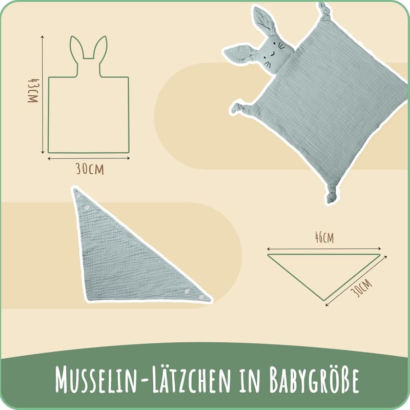 Geschenkset zur Geburt: Schmusetuch, Lätzchen & Beißring aus Musselin (Mint)