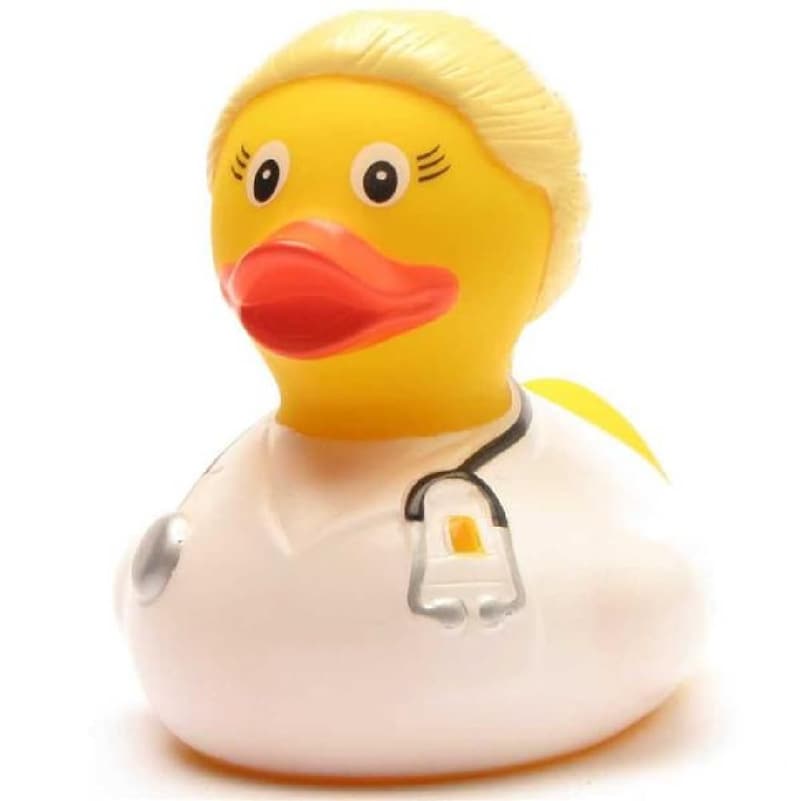 Ärztin Quietscheente mit Schlüsselanhänger – 8 cm, Geschenk für Mediziner