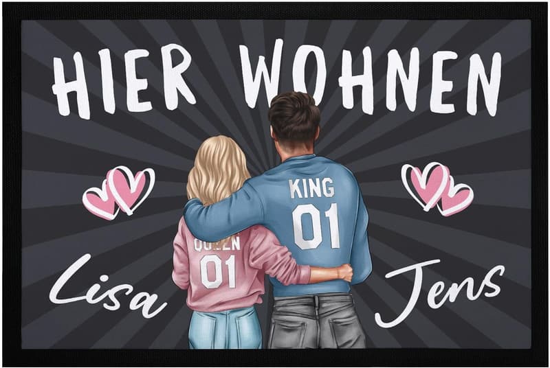 Personalisierte Fußmatte für Paare mit Namen und Herz, rutschfest, 60x40cm