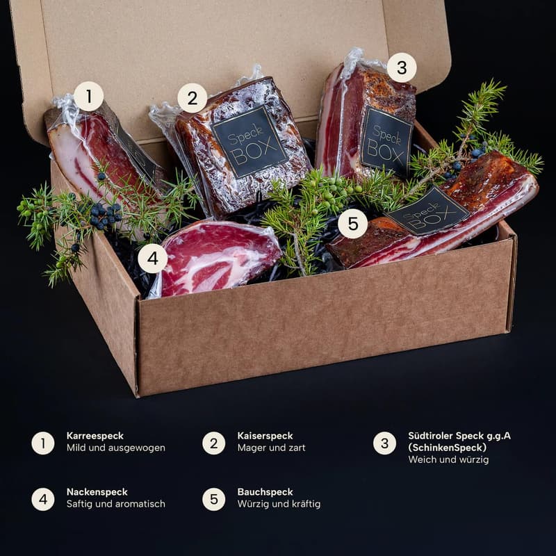 Südtiroler Speck-Feinkostpaket – 5 Sorten, 8+ Monate gereift