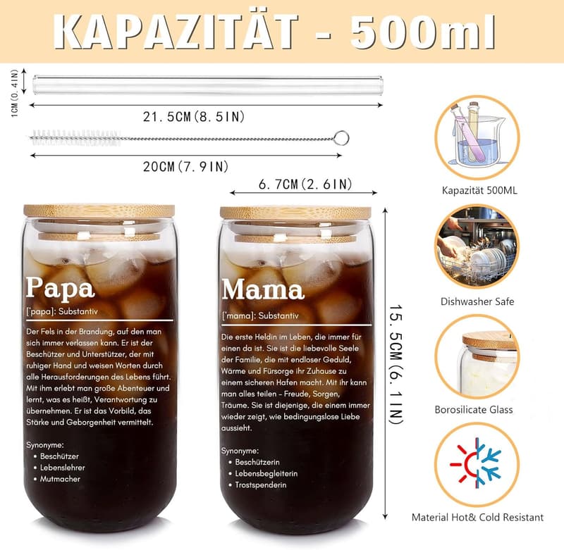 Personalisierte 500ml Glas Trinkbecher für Eltern mit Deckel und Strohhalm