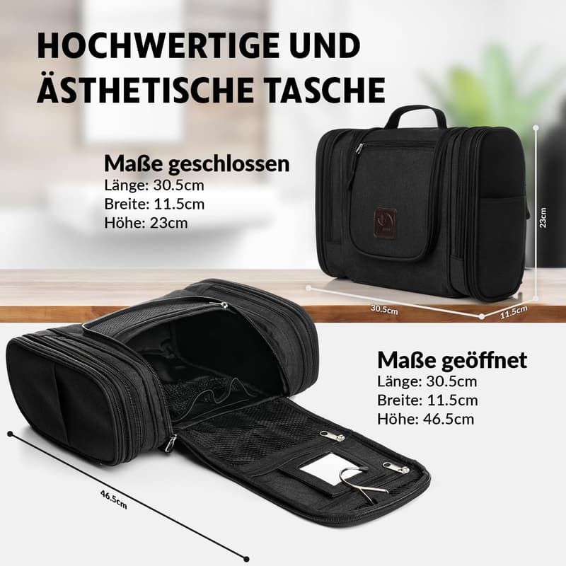 Kulturbeutel für Damen und Herren mit Spiegel – 8L, schwarz, 10 Fächer, ideal zum Reisen