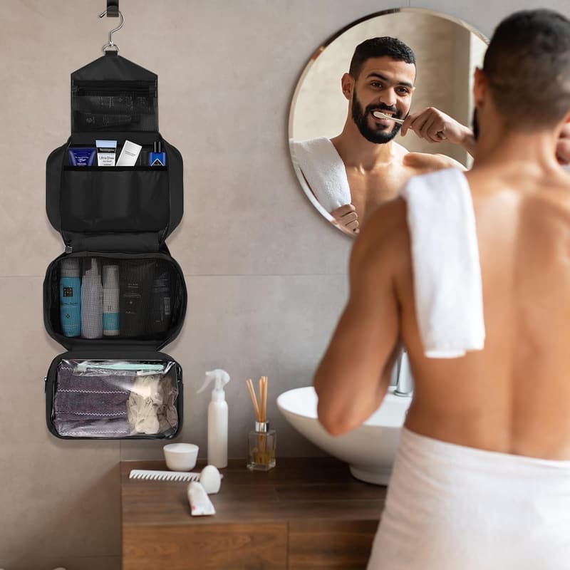 Hängende Wasch- und Make-up-Tasche für Männer und Frauen – große Kapazität, faltbar (Schwarz)