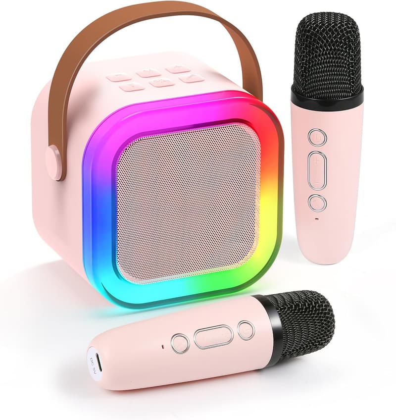 Karaoke Maschine für Kinder und Erwachsene mit 2 Mikrofonen, Bluetooth und LED-Lichtern