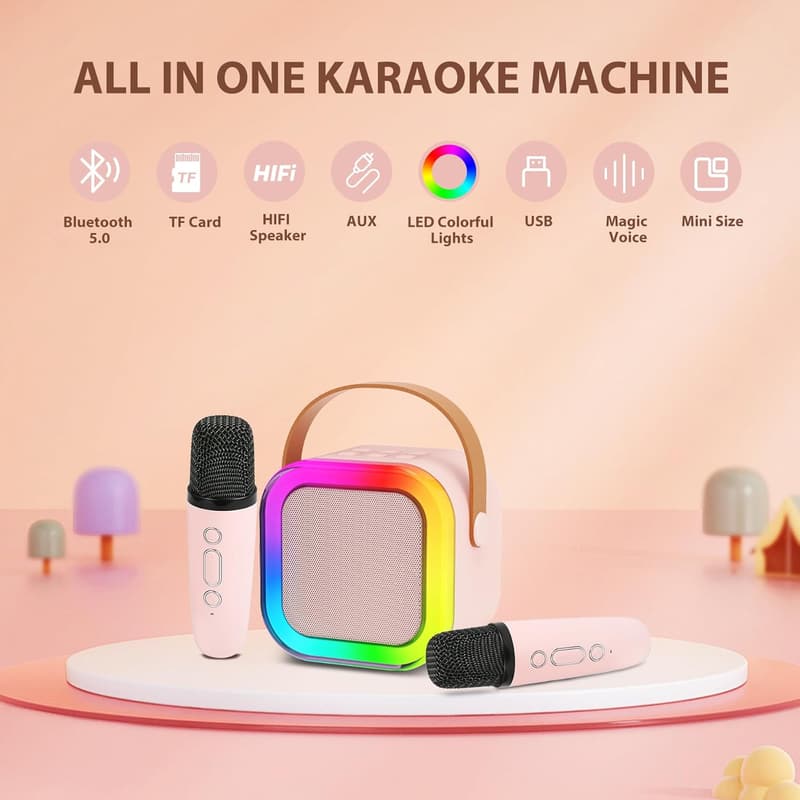 Karaoke Maschine für Kinder und Erwachsene mit 2 Mikrofonen, Bluetooth und LED-Lichtern