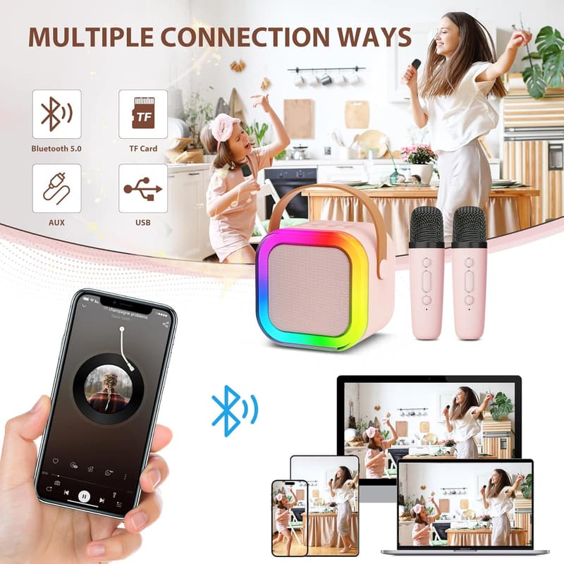 Karaoke Maschine für Kinder und Erwachsene mit 2 Mikrofonen, Bluetooth und LED-Lichtern