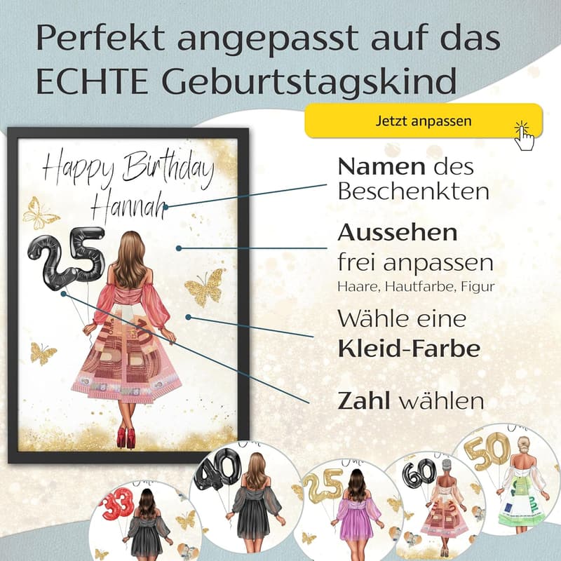 Geldgeschenk zum 25. Geburtstag – Gerahmtes Bild für Frauen