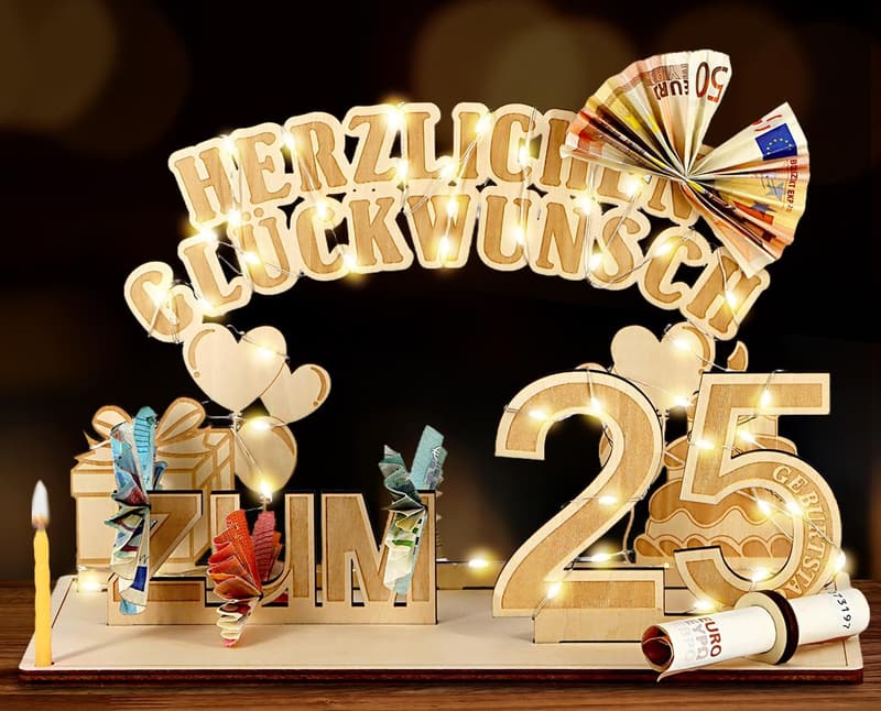 25. Geburtstag Geldgeschenke Holz mit LED-Lichterkette