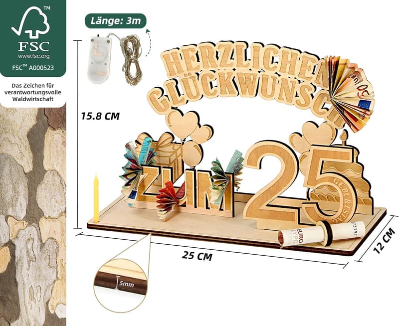 25. Geburtstag Geldgeschenke Holz mit LED-Lichterkette