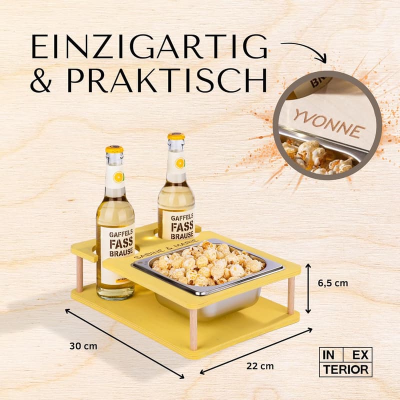 Personalisierbarer Couchbutler mit Snackschalen und Flaschenhalter (Gelb)