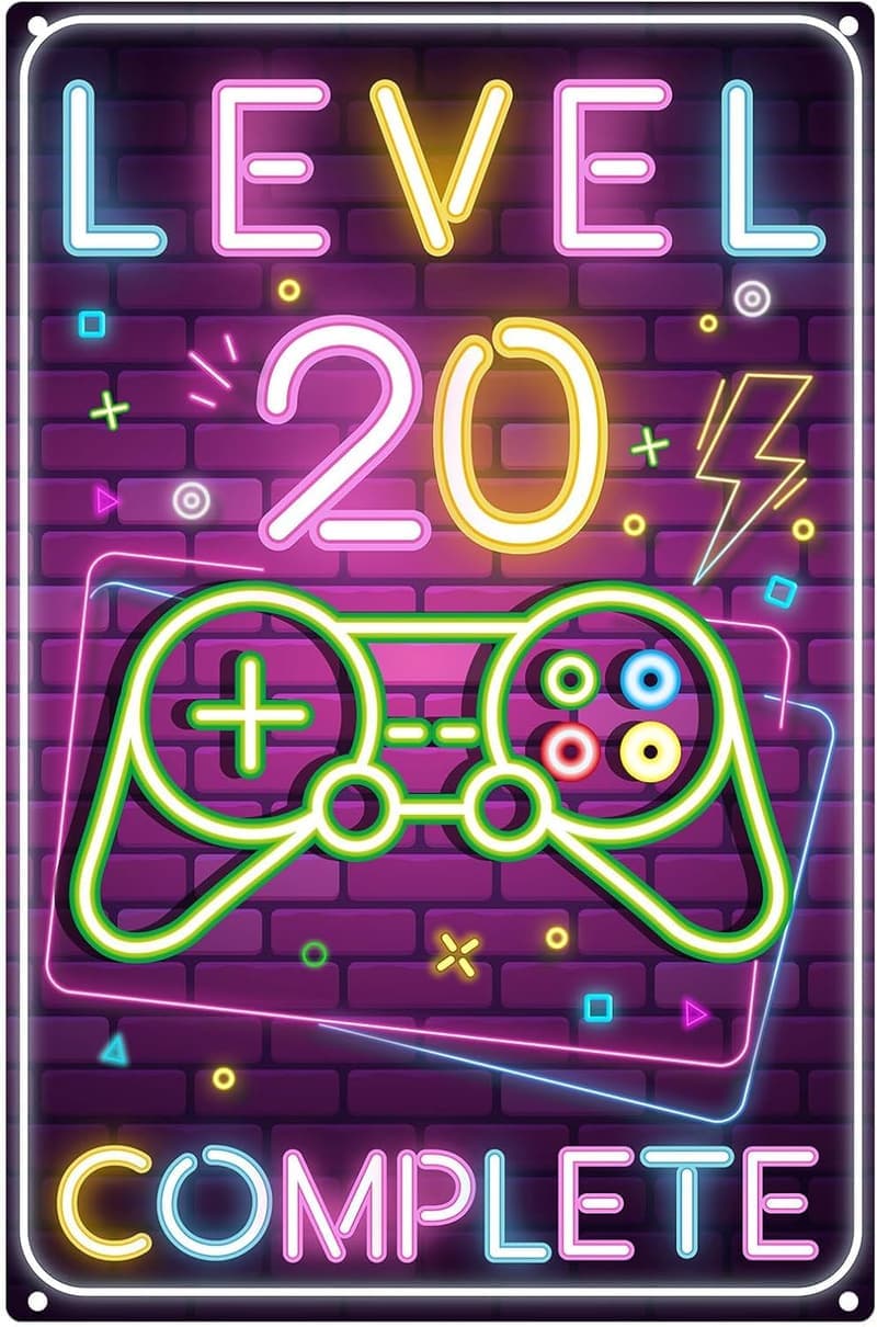 Retro Blechschild zum 20. Geburtstag für Jungen – Level 20 Deko