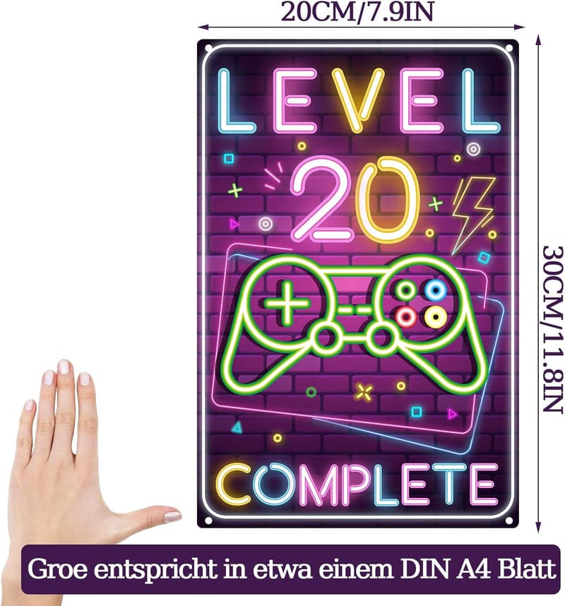 Retro Blechschild zum 20. Geburtstag für Jungen – Level 20 Deko