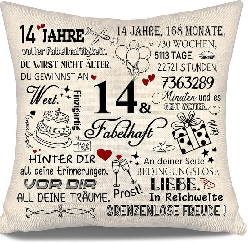Kissenbezug zum 14. Geburtstag für Mädchen und Jungen, personalisiert
