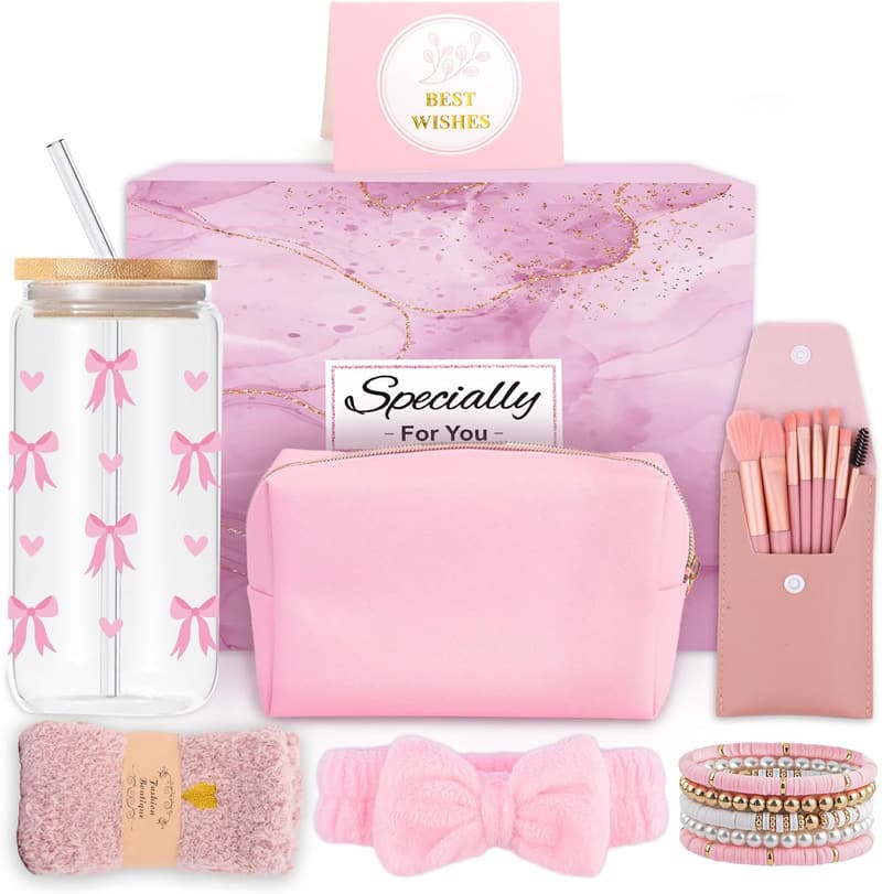 Einschulungsgeschenk für Mädchen: Glasbecher mit Strohhalm & Kosmetiktasche