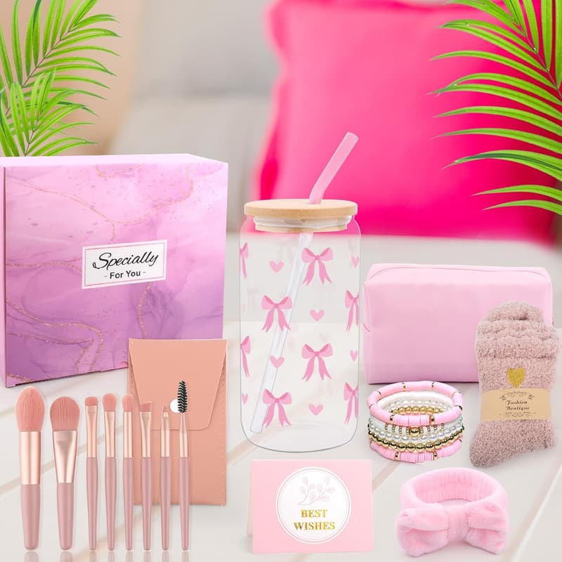 Einschulungsgeschenk für Mädchen: Glasbecher mit Strohhalm & Kosmetiktasche