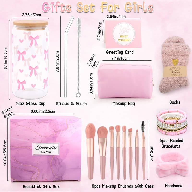 Einschulungsgeschenk für Mädchen: Glasbecher mit Strohhalm & Kosmetiktasche