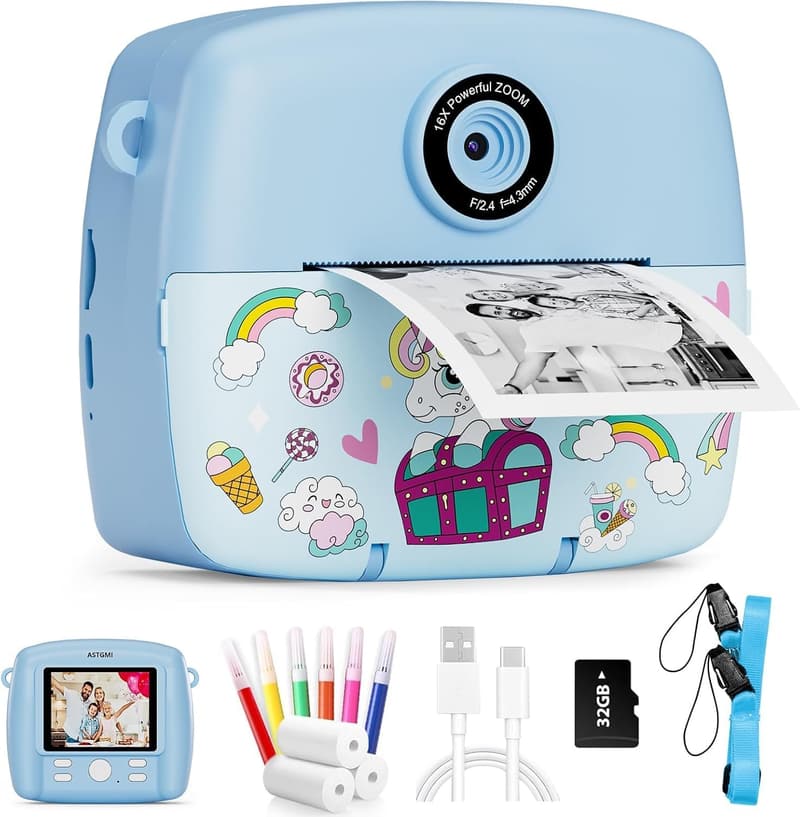 1080P HD Sofortbildkamera für Kinder, Kompaktkamera mit 3 Rollen Fotopapier