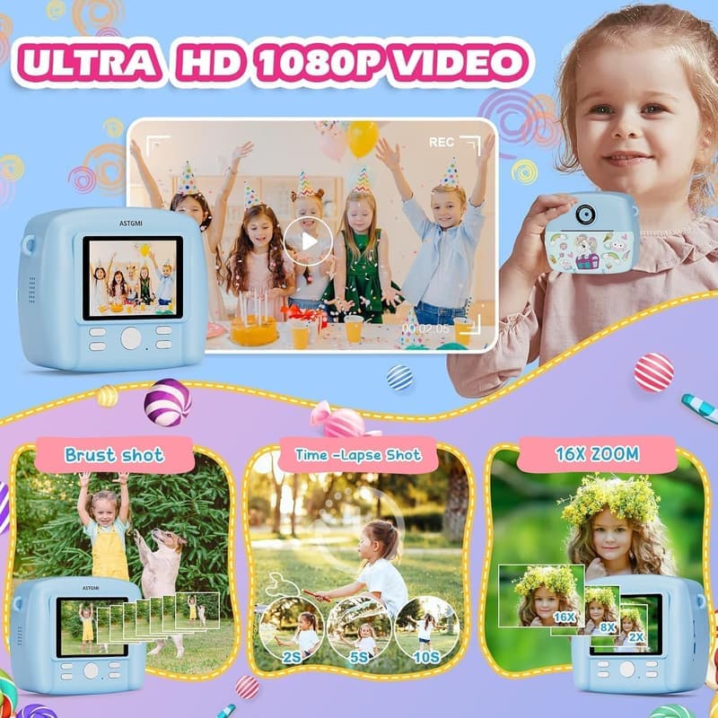 1080P HD Sofortbildkamera für Kinder, Kompaktkamera mit 3 Rollen Fotopapier