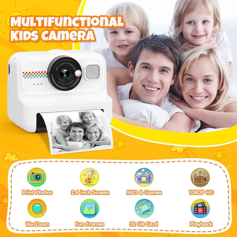 HiMont Sofortbildkamera für Kinder, 1080P mit 32GB & 3 Rollen Papier