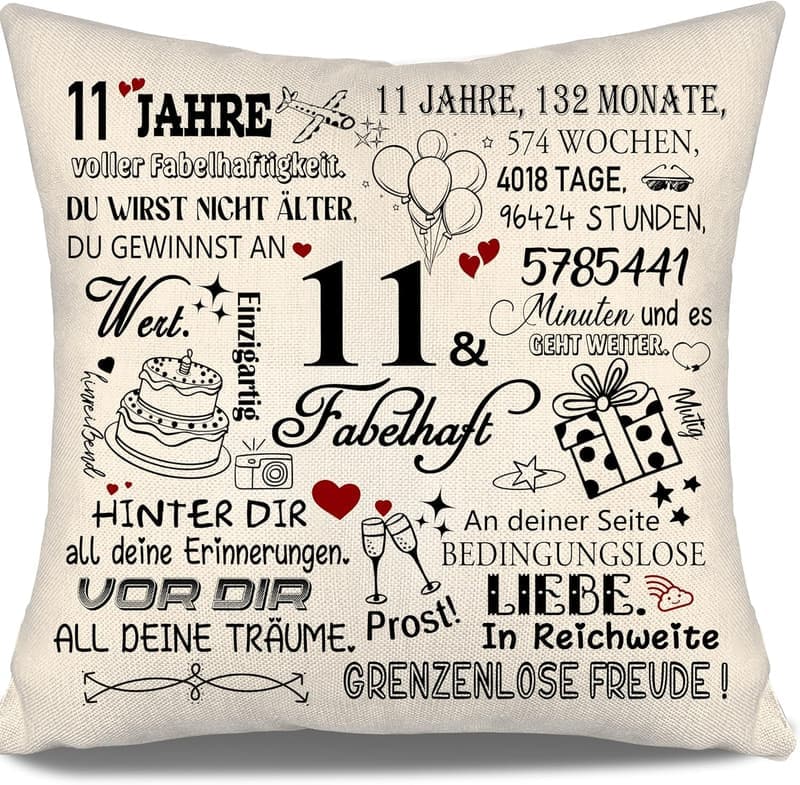 Kissenbezug zum 11. Geburtstag für Mädchen und Jungen, personalisiert.