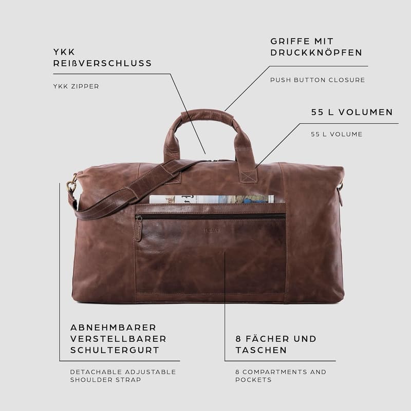 Premium Reisetasche aus Echtleder für Damen und Herren, 55 l