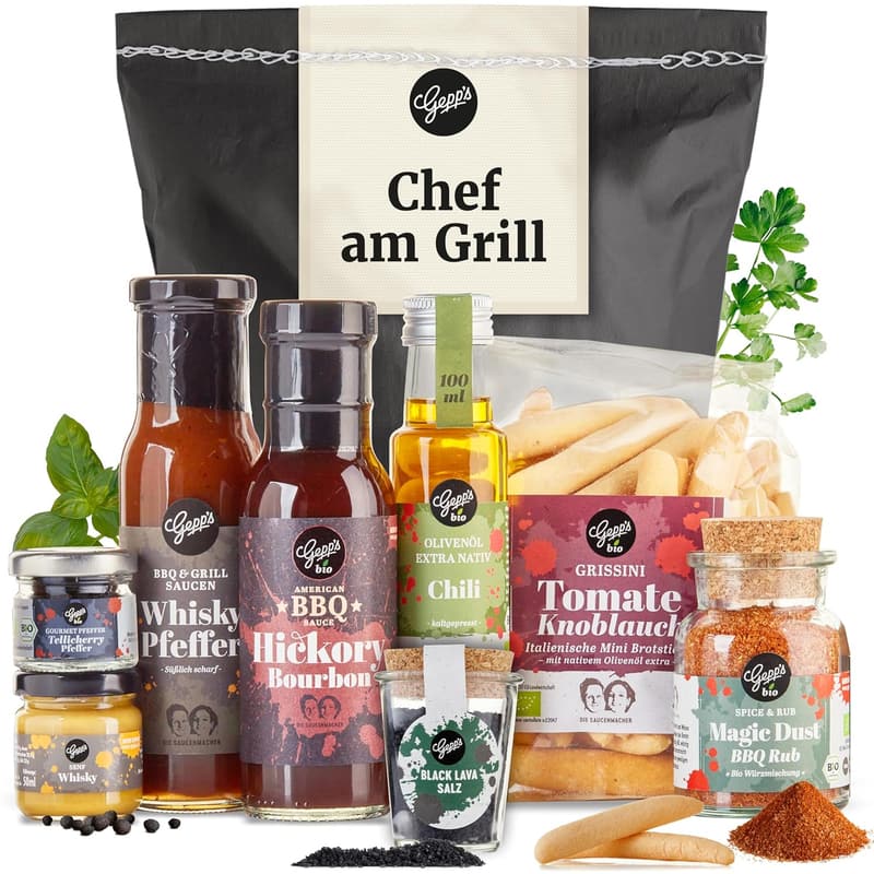 Grillgeschenk-Korb für Männer mit Saucen, Senf und Gewürzen