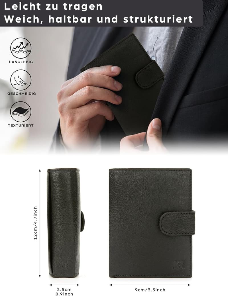 Echtleder Geldbörse für Herren mit RFID-Schutz, 12 Fächer, Slim-Design