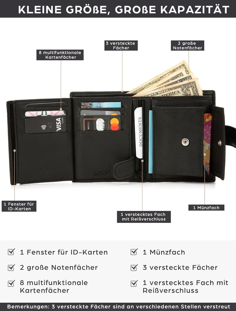 Echtleder Geldbörse für Herren mit RFID-Schutz, 12 Fächer, Slim-Design