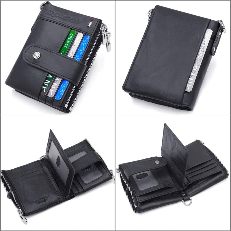 Echtes Leder Portemonnaie für Männer mit RFID-Schutz und Kette, 19 Kartenfächer, klein