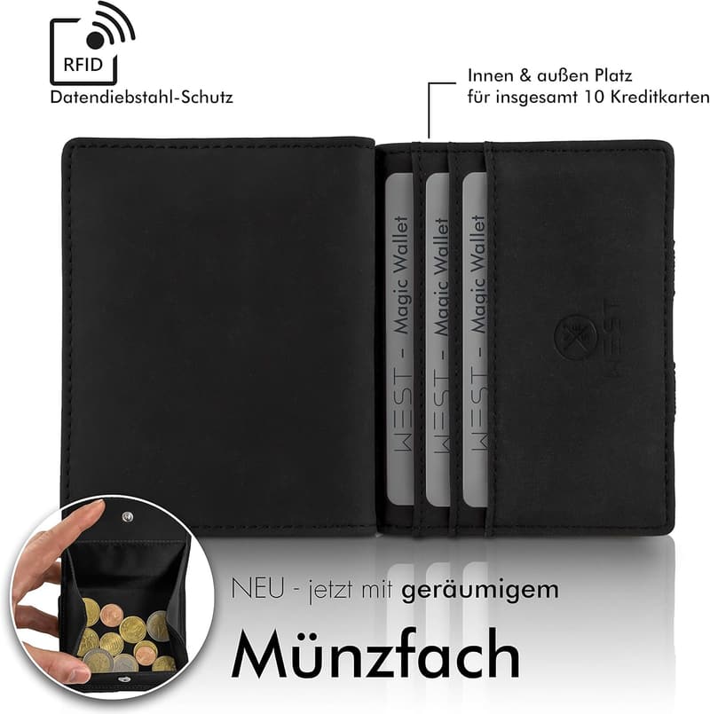 Magic Wallet mit großem Münzfach und Geschenkbox – Schwarz, RFID Schutz