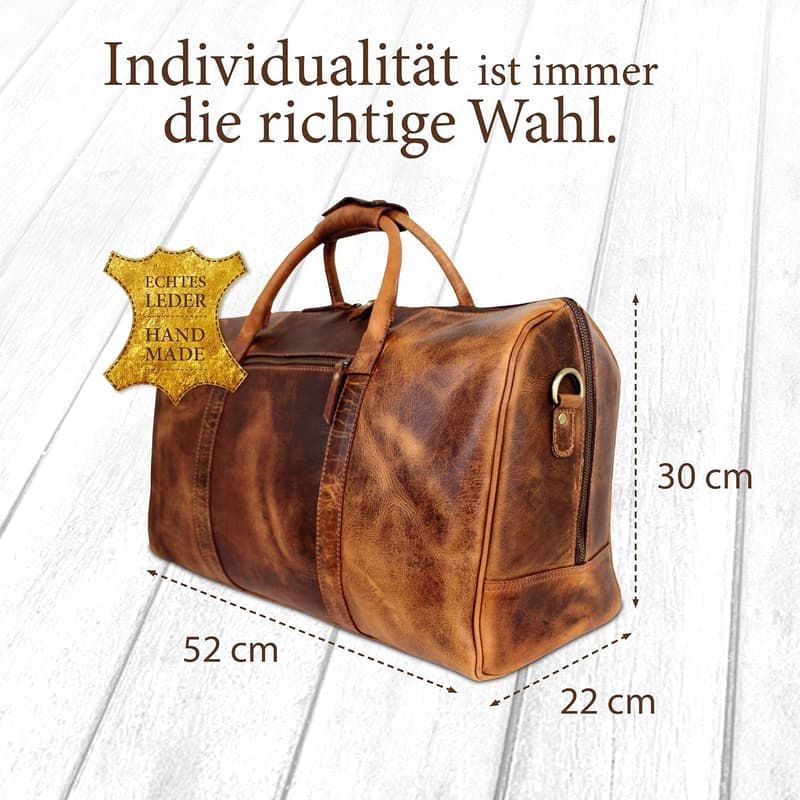 Handgefertigte braune Leder Reisetasche für Herren, 35L mit Schultergurt