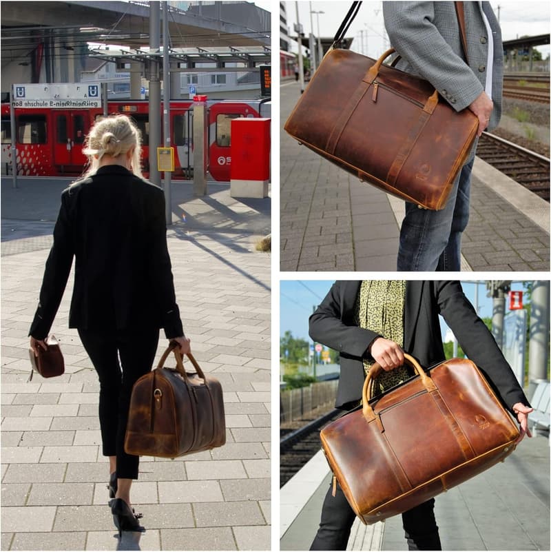 Handgefertigte braune Leder Reisetasche für Herren, 35L mit Schultergurt