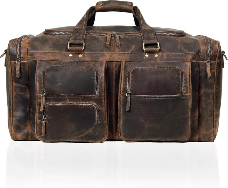 Hochwertige Lederd Duffel Tasche für Männer - Dunkelbraun, 24x12x11 Zoll