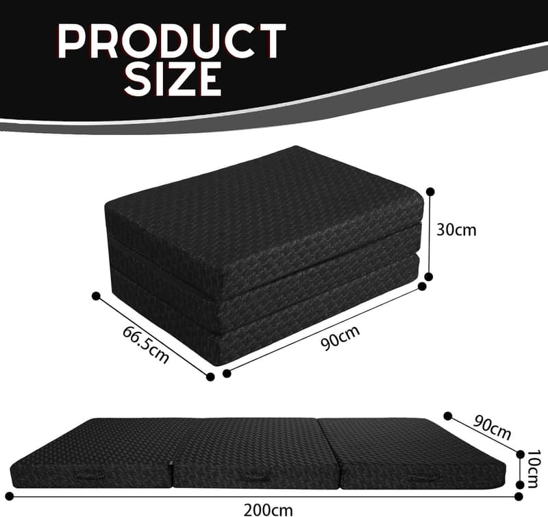 Faltbare Gästematratze 90x200 cm, 10 cm dick, waschbarer Bezug schwarz