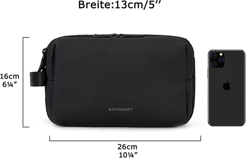 Reise Kulturtasche für Herren, 5L mit doppeltem Reißverschluss, schwarz