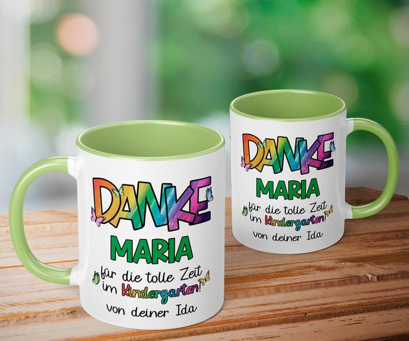Dankeschön-Tasse für Erzieherin – personalisiert mit Wunschname – 330ml (Hellgrün)