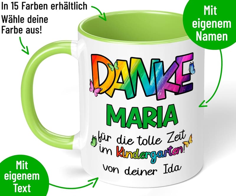 Dankeschön-Tasse für Erzieherin – personalisiert mit Wunschname – 330ml (Hellgrün)