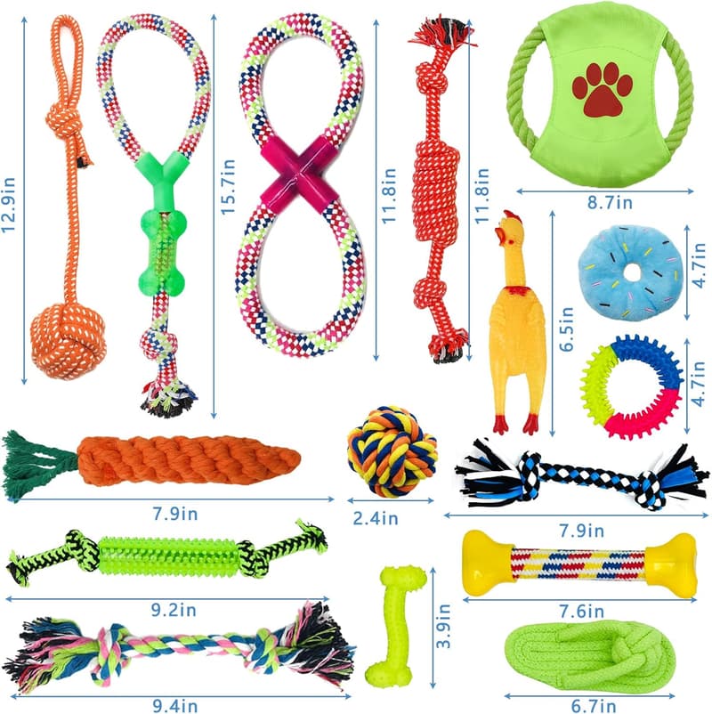 Robustes Hundespielzeug-Set aus Baumwolle, 16-teilig für kleine und mittelgroße Hunde