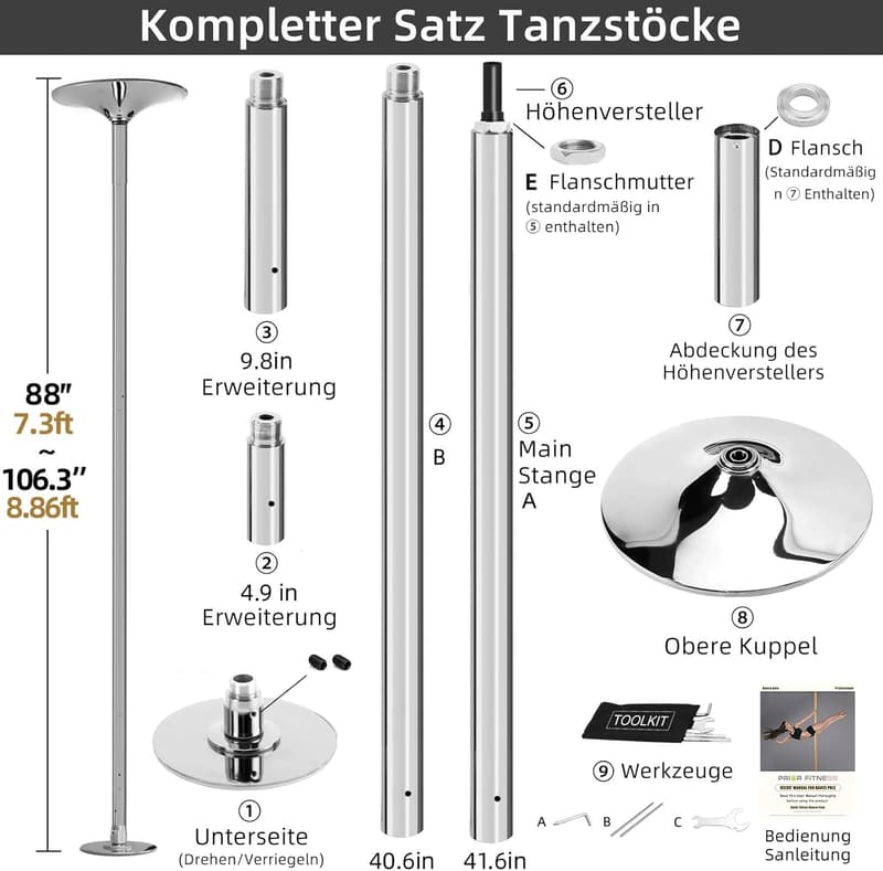 Pole Dance Tanzstange höhenverstellbar 2,35 - 2,74 m, drehend/statisch, bis 200 kg
