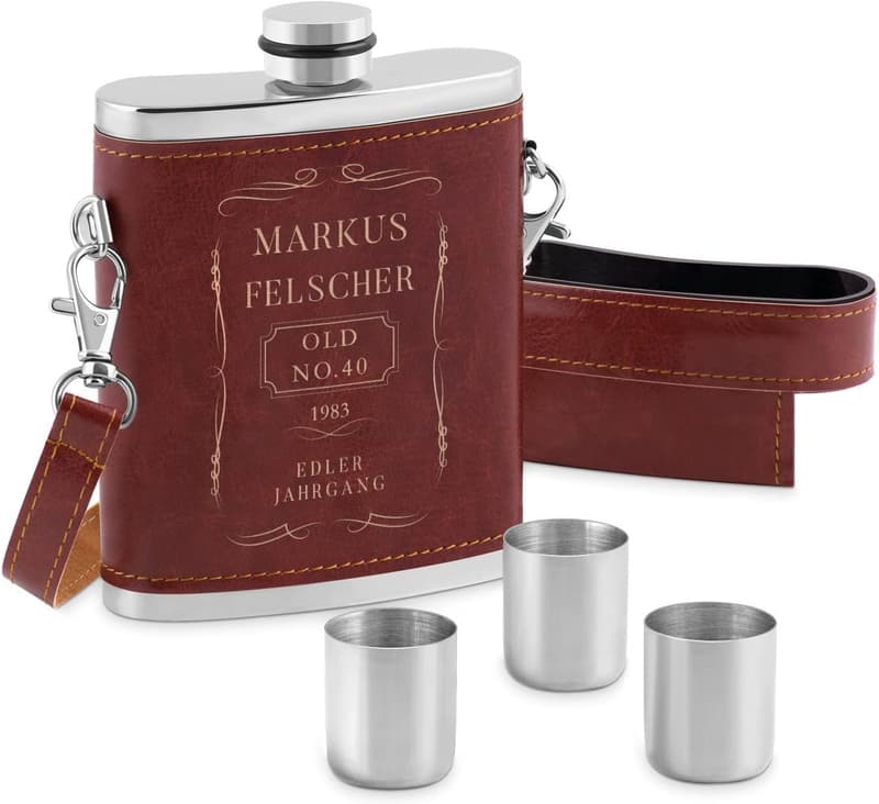 Personalisierter Edelstahl-Flachmann mit Gravur und Lederetui - 250 ml