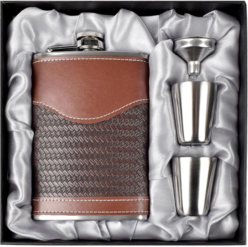 Leder-Flachmann-Set für Männer aus 304 Edelstahl - Geschenkset mit Trichter und Gläsern