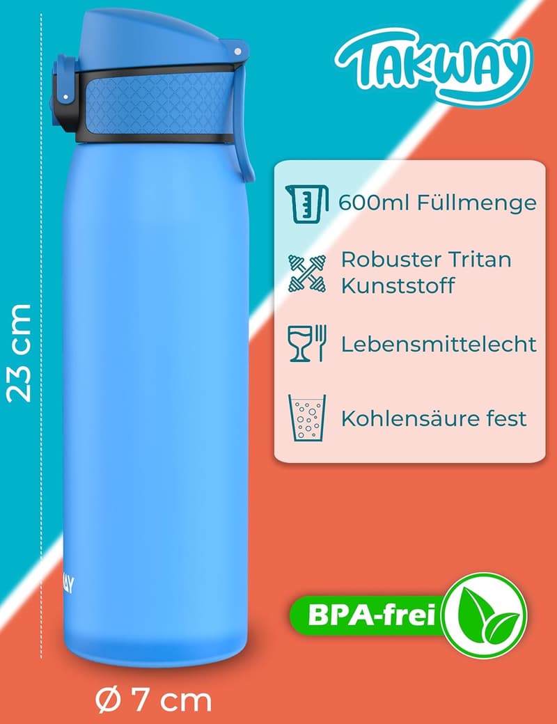 TAKWAY Auslaufsichere Trinkflasche für Kinder 600 ml - BPA-frei, mit Fruchtsieb (Blau)